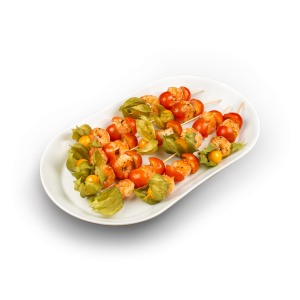 Kleiner Garnelenspieß mit Cherrytomate + Dip