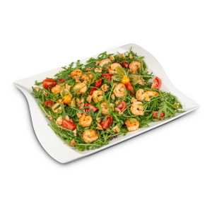 Platte Rucolasalat mit marinierten Garnelen und Cherrytomaten